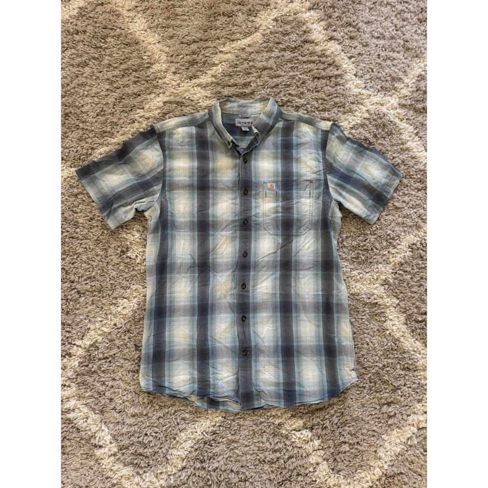 Carhartt Mens Relaxed Fit Plaid Short Sleeve Button Down Shirt Blue Cream L Tall